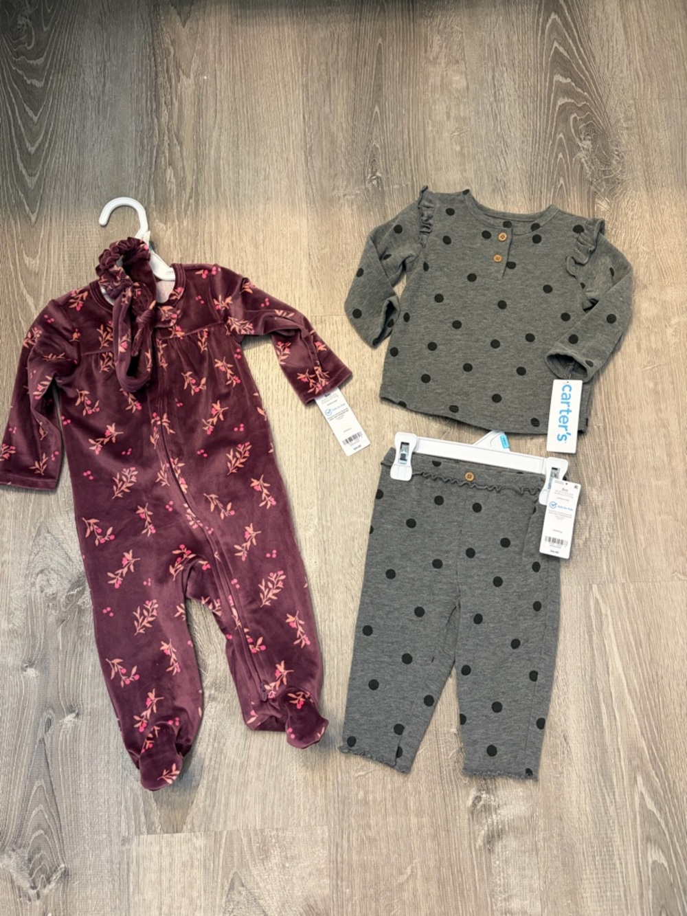 Girl's Carter's Gray Polka Dot Two-Piece Set & Burgundy Floral Footed Romper- 6M
